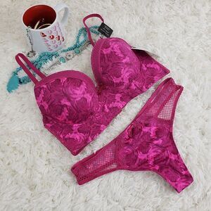 French Affair 36B Pink Floral Thong M PushUp Long Line Plunge Bra